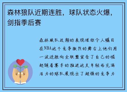 森林狼队近期连胜，球队状态火爆，剑指季后赛